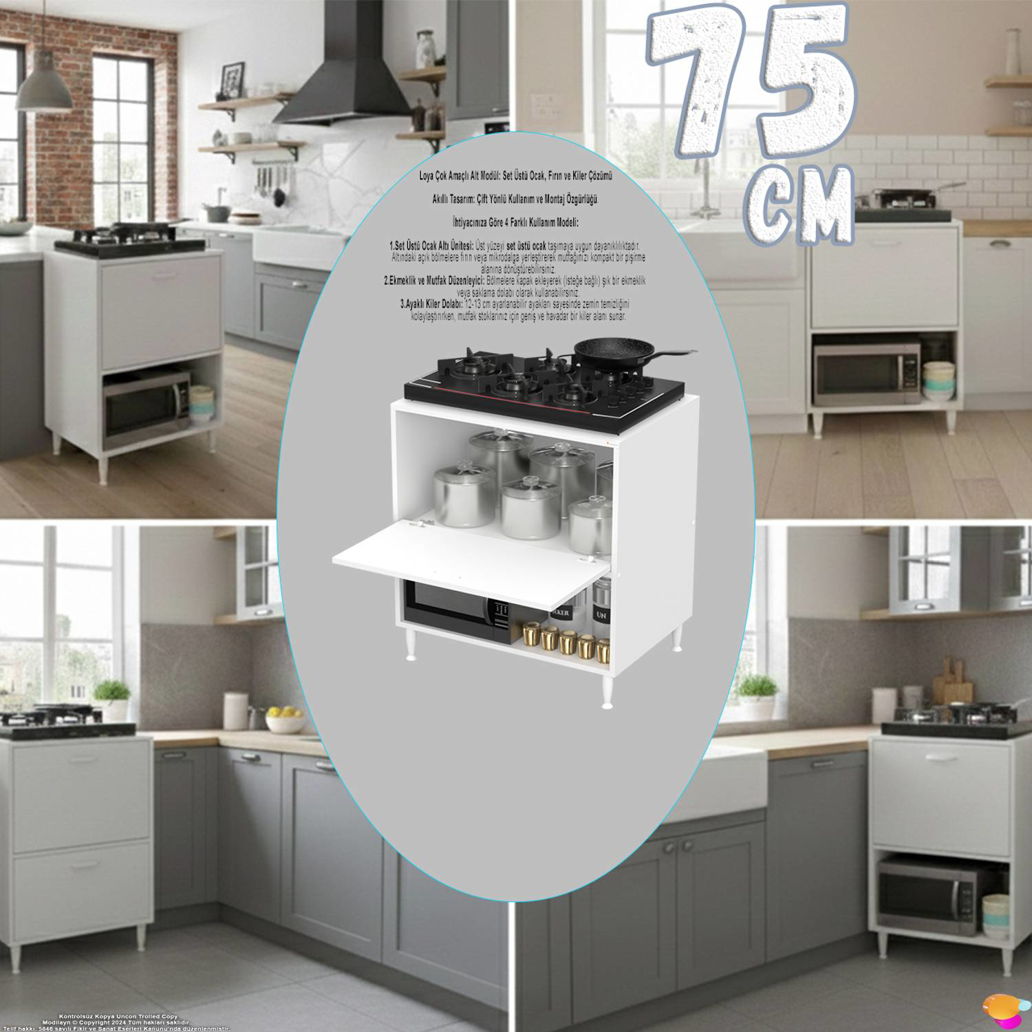 Prex 75 cm Kapaklı Set Üstü Ocak Dolabı Fırınlık Kiler Mutfak Mod - Görsel 4
