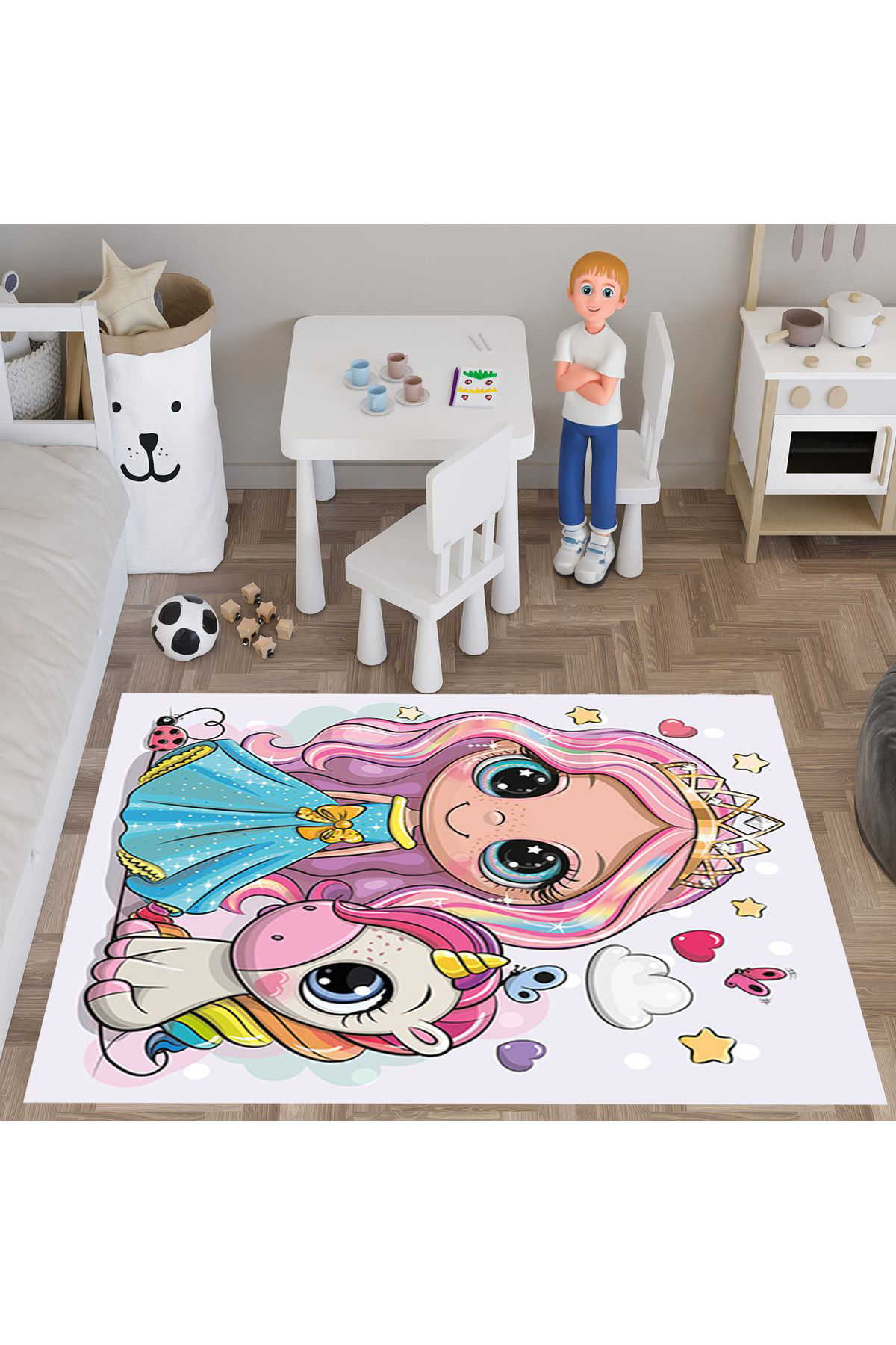 Evan Home Princesa Desenli  Dijital Baski Yikanabilir Kaymaz Taban Çocuk Odasi Halisi