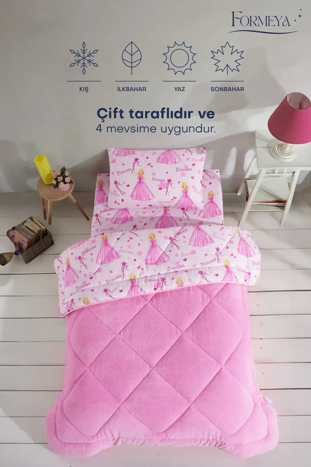 Princess Desenli Tek Kişilik Çift Taraflı Wellsoft Yorgan ve Yast