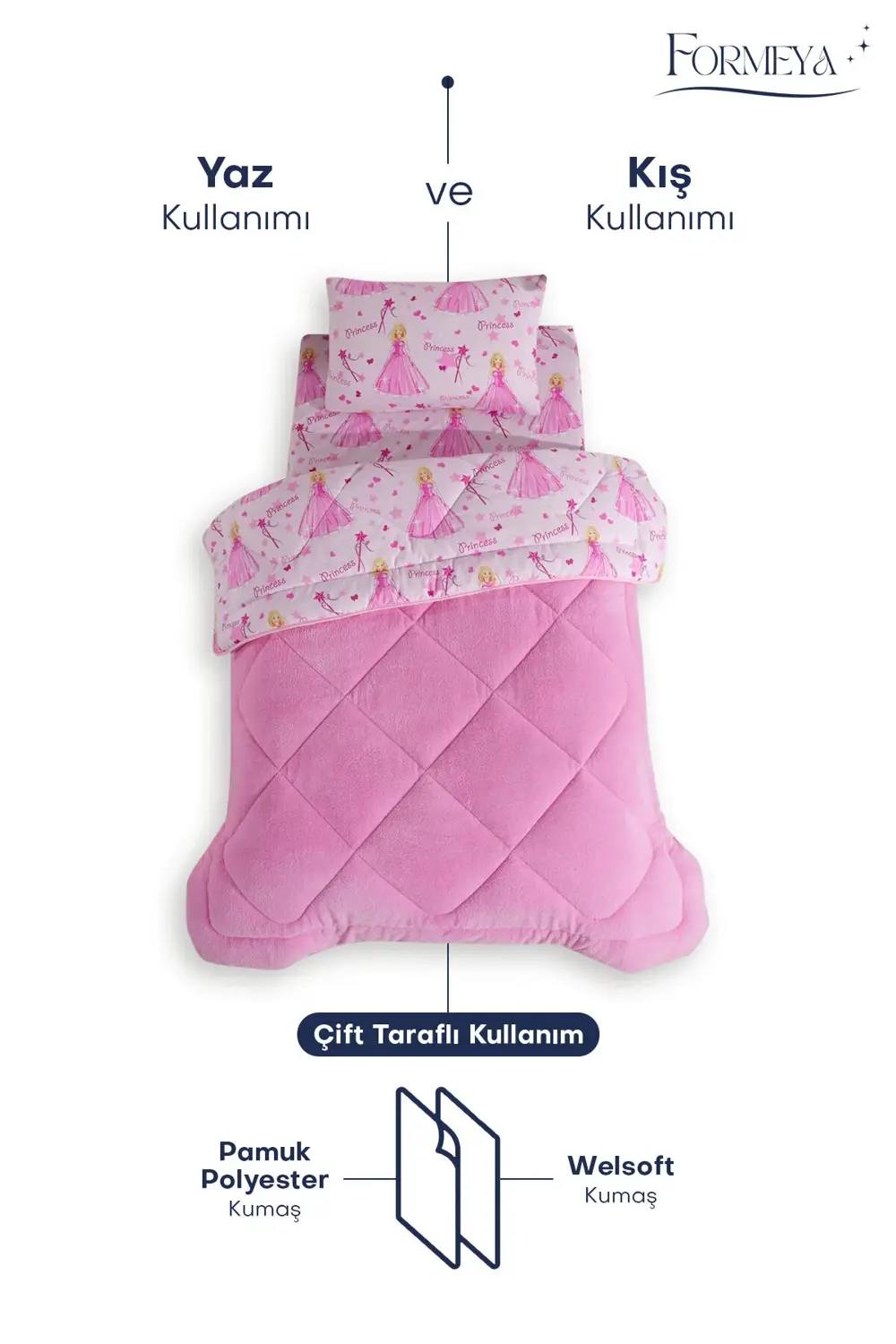 Princess Desenli Tek Kişilik Çift Taraflı Wellsoft Yorgan ve Yast