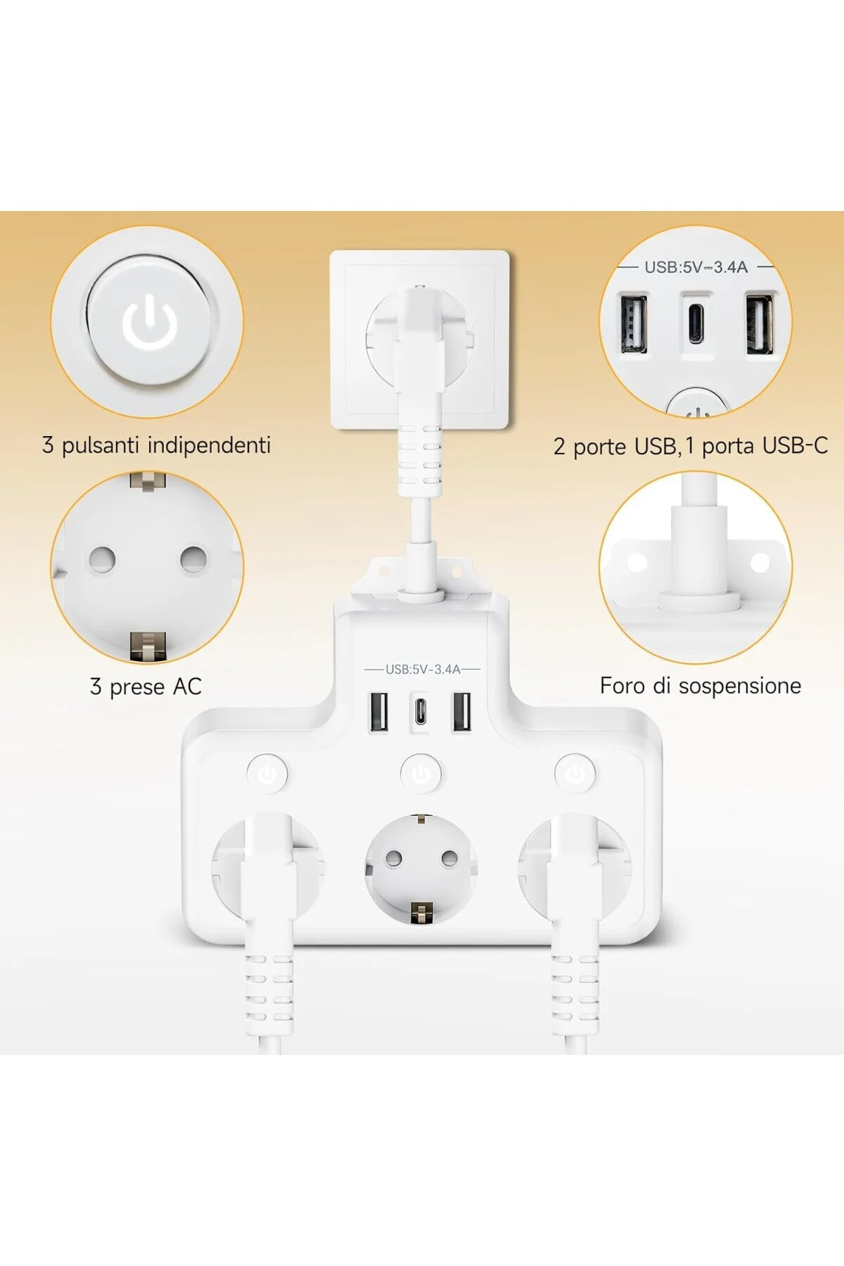 Priz Çoklu Priz 3 USB Anahtarlı Çoklu Priz Yer Tasarruflu Çoklu P