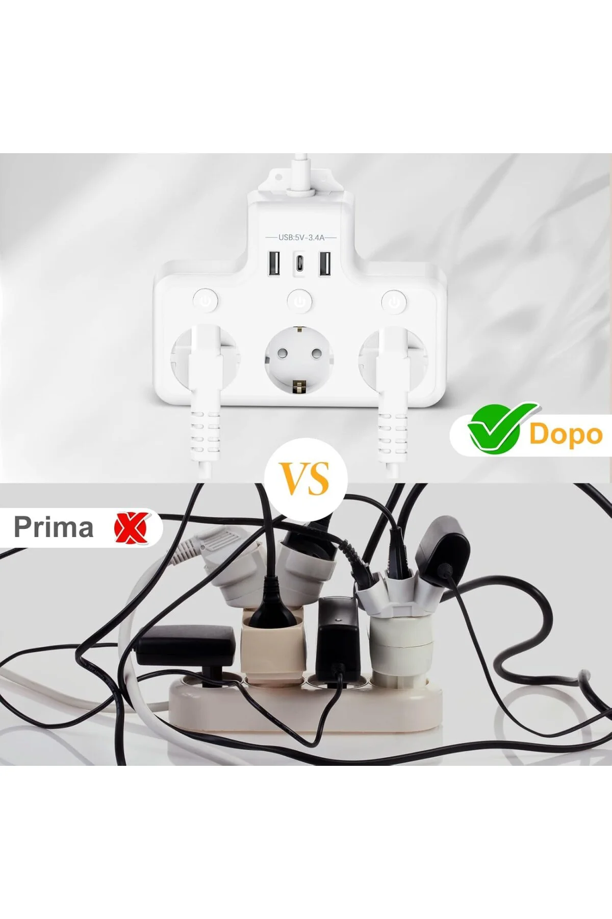 Priz Çoklu Priz 3 USB Anahtarlı Çoklu Priz Yer Tasarruflu Çoklu P