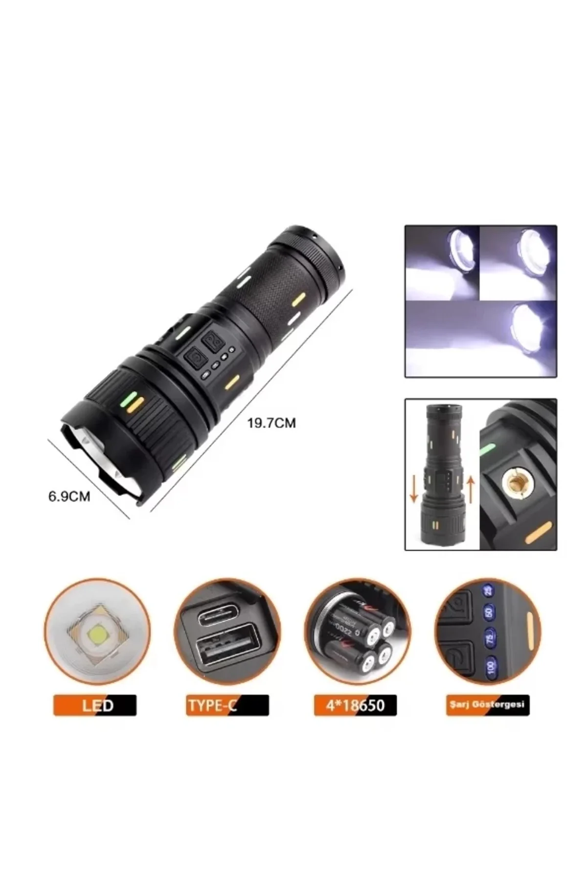 Pro F-3001 Alüminyum Tg Led Güç Göstergeli Type-c Şarjlı El Fener