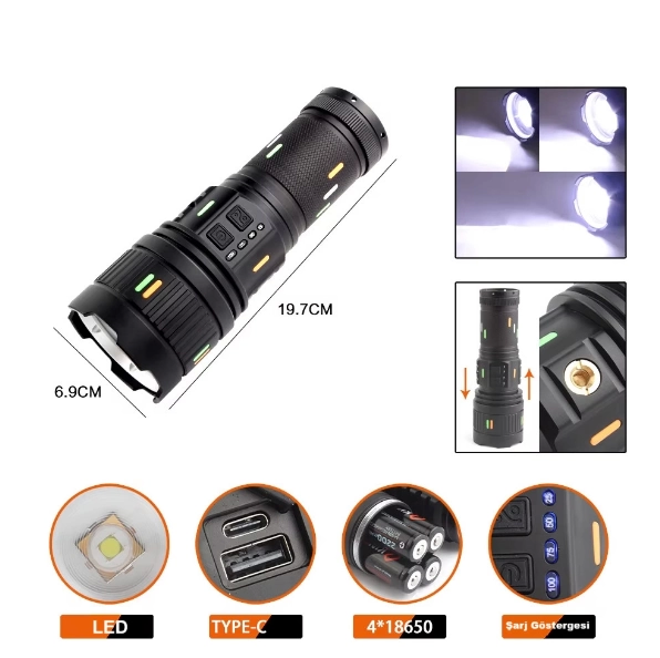 Pro F-3001 Alüminyum Tg Led Güç Göstergeli Type-c Şarjlı El Fener