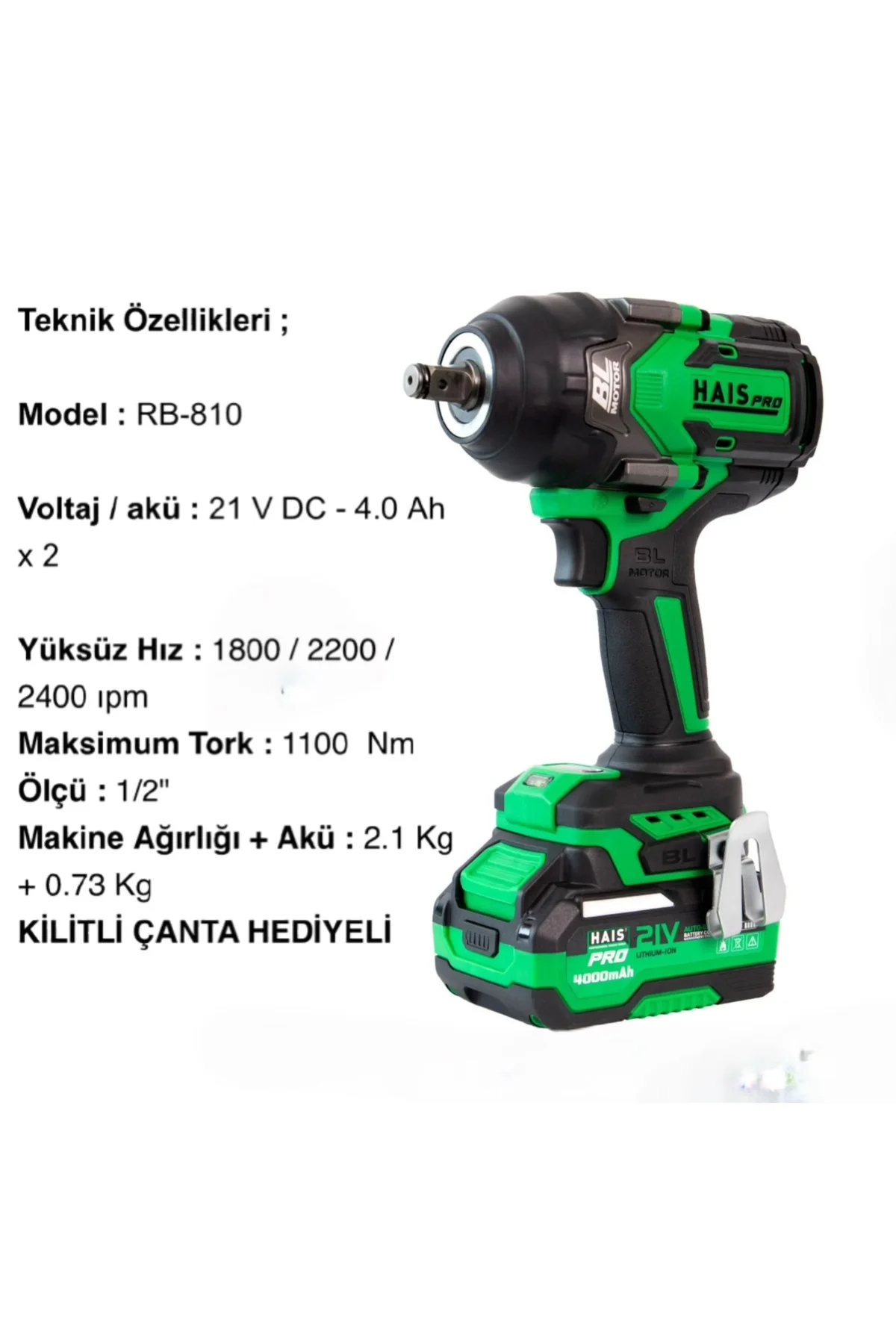 Pro RB-810 1100 Nm 21 V Profesyonel Darbeli Somun Sıkma Sökme Çif