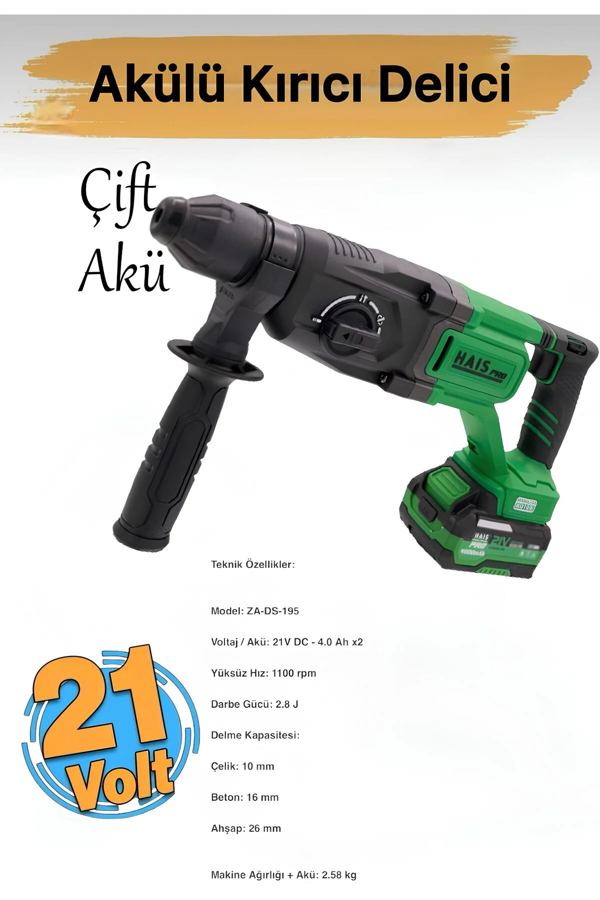 Pro ZA-DS-195 Profesyonel Darbeli Kırıcı Delici Matkap 21 V 1100 
