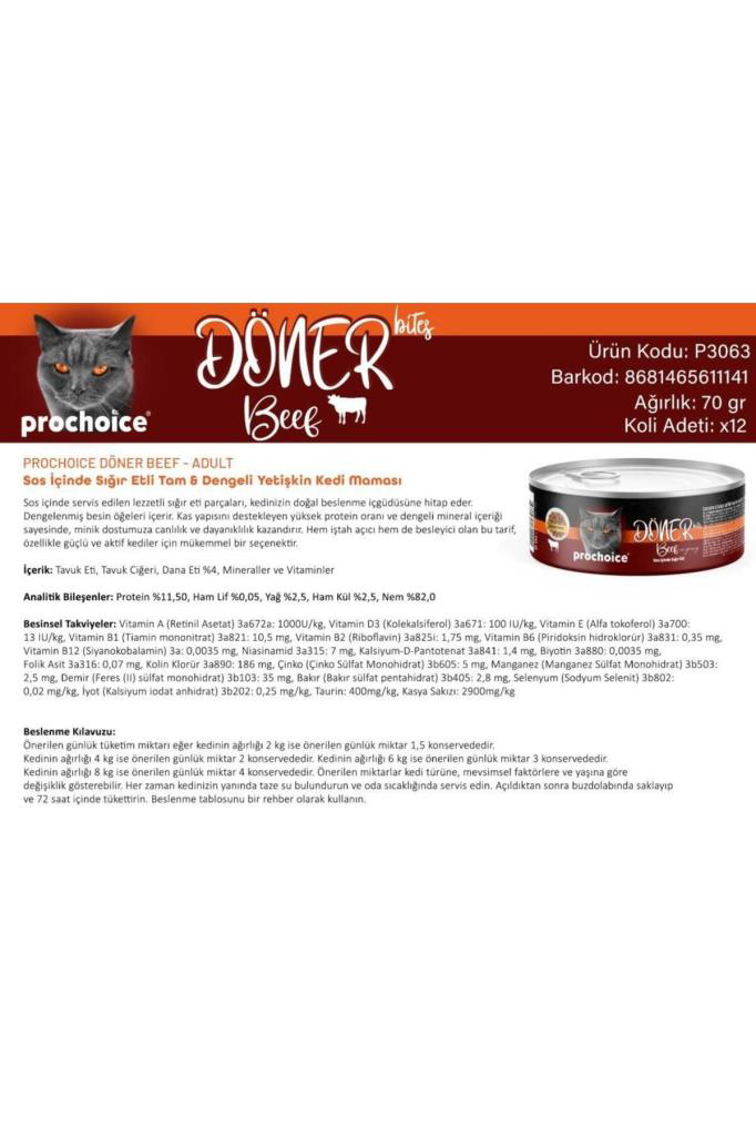 ProChoice Döner Bites Sos İçinde Sığır Etli Yetişkin Kedi Konserv ProChoice Döner Bites Sos İçinde Sığır Etli Yetişkin Kedi Konserv