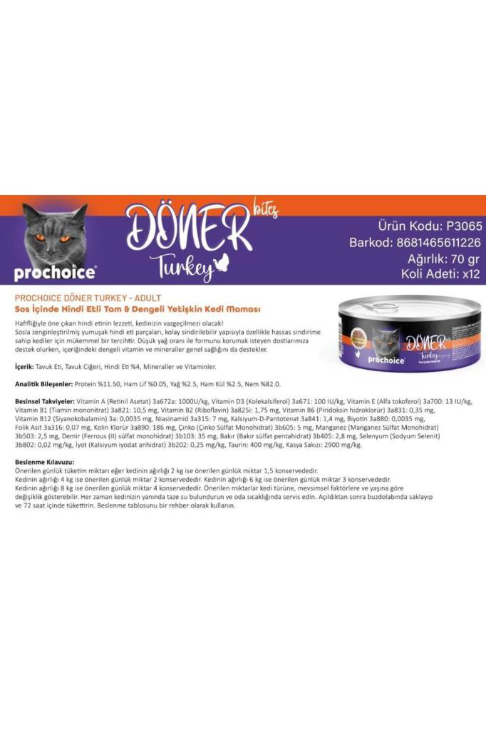 ProChoice Döner Bites Sos İçinde Hindi Etli Yetişkin Kedi Konserv ProChoice Döner Bites Sos İçinde Hindi Etli Yetişkin Kedi Konserv