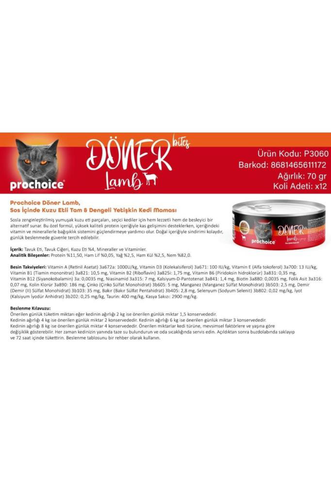 Chef's Choise Prochoice Döner Bites Sos İçinde Kuzu Etli Yetişkin Kedi Konserve Chef's Choise Prochoice Döner Bites Sos İçinde Kuzu Etli Yetişkin Kedi Konserve