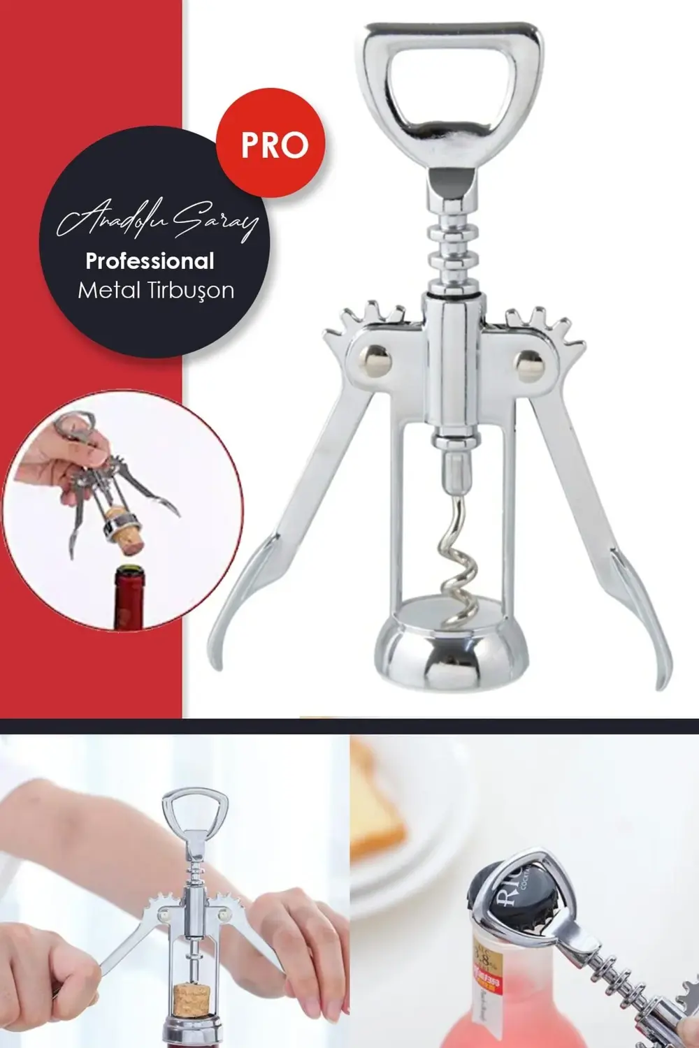 Professional Çelik Tirbuşon Konserve Mantar Kapağı Açacağı | Tirb