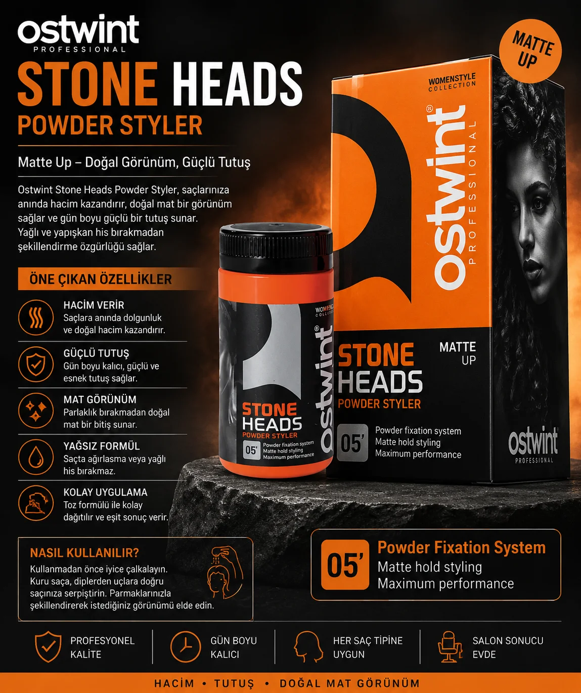 Professional Stone Heads Powder Styler 20 ml – Saçlara Hacim ve Mat Görünüm Veren Profesyonel Saç Şekillendirici Pudra
