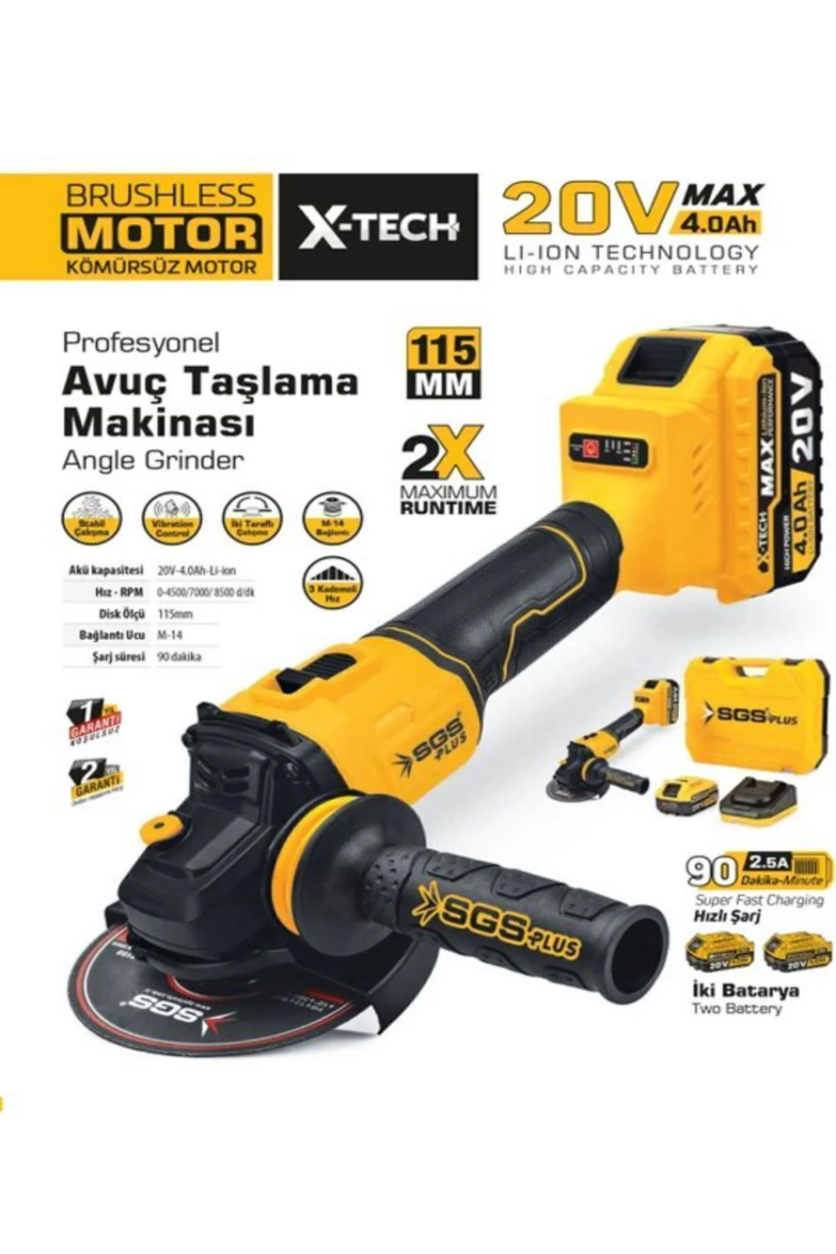Profesyonel 115mm Akülü Şarjlı Avuç Taşlama Makinası Seti Kömürsü