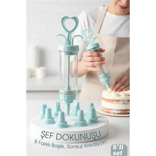 Profesyonel 8'li Başlıklı Pasta Krema Süsleme Pompası Seti Enjekt
