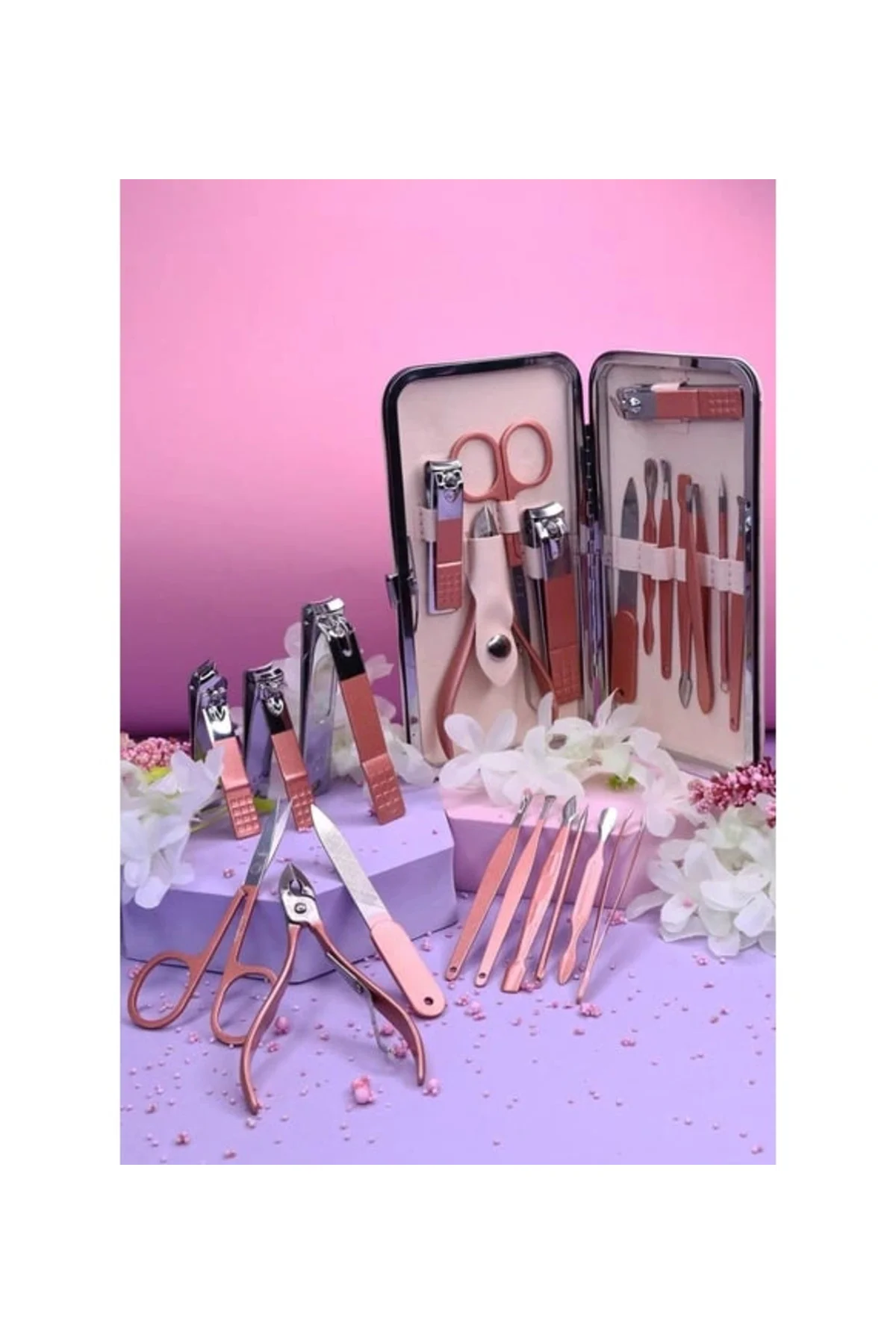 Profesyonel Çantalı Tırnak Bakım Manikür Seti Pembe Renk 12 Parça