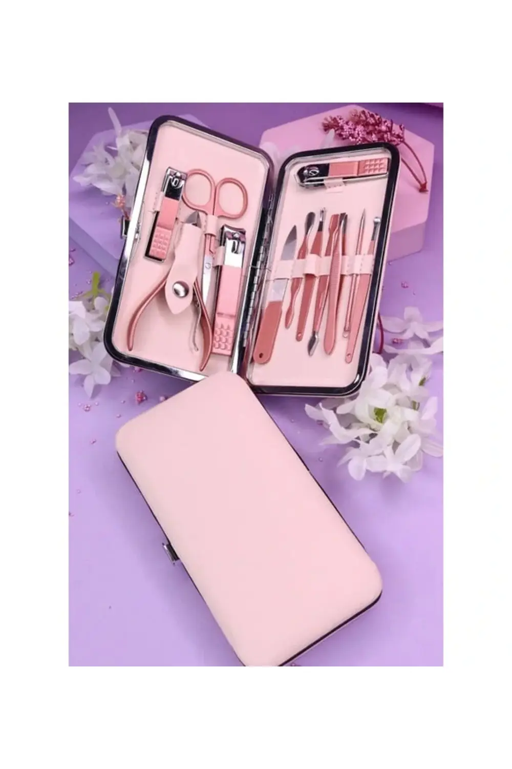 Profesyonel Çantalı Tırnak Bakım Manikür Seti Pembe Renk 12 Parça