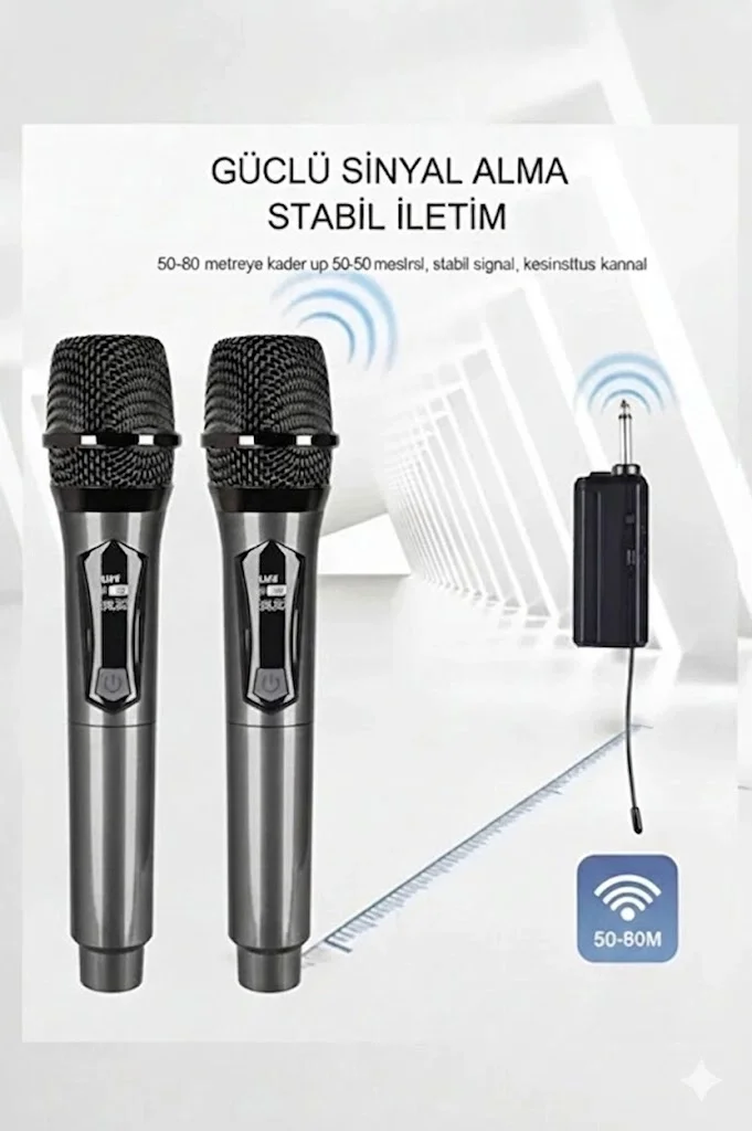 Profesyonel Çiftli Kablosuz Mikrofon Seti Karaoke Şarj Edilebilir 50 Metre