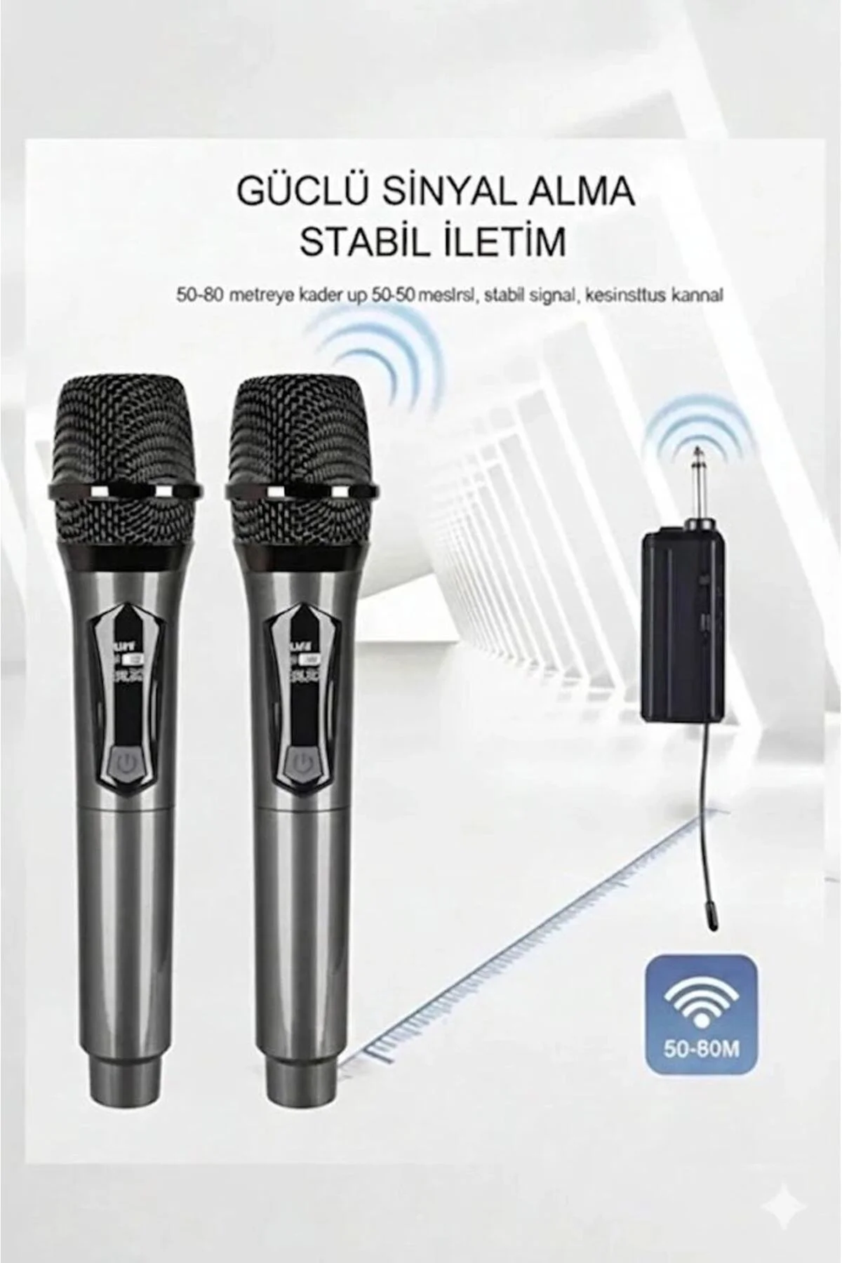 Profesyonel Çiftli Kablosuz Mikrofon Seti Karaoke Şarj Edilebilir