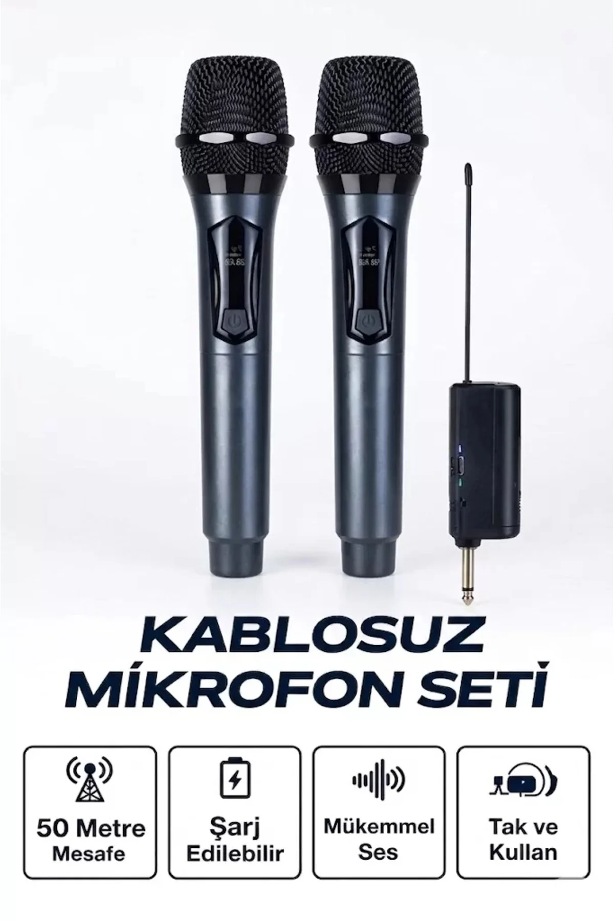 Profesyonel Çiftli Kablosuz Mikrofon Seti Karaoke Şarj Edilebilir