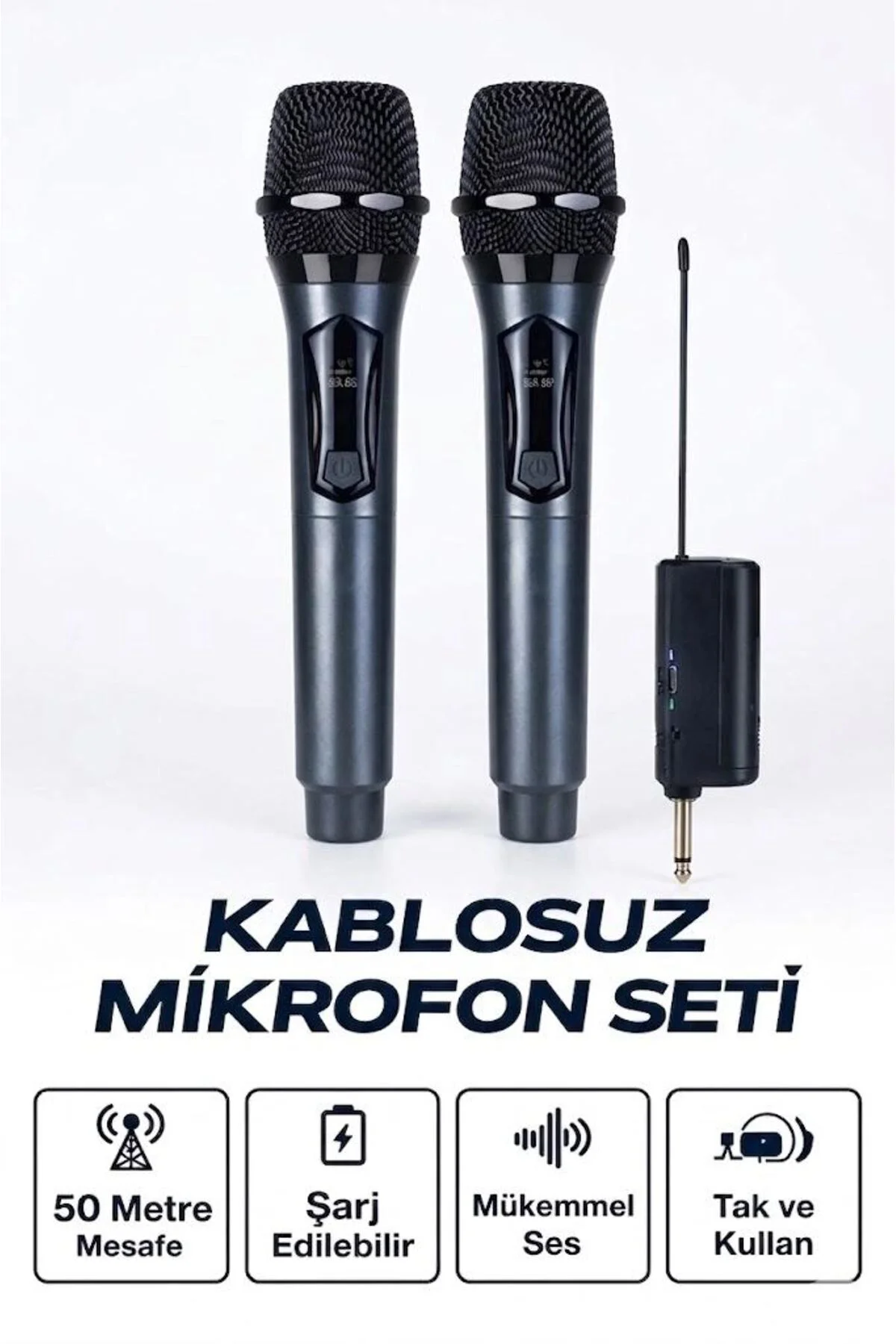 Profesyonel Çiftli Kablosuz Mikrofon Seti Karaoke Şarj Edilebilir