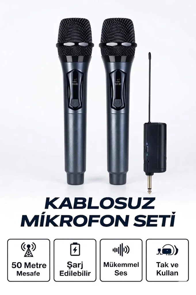 Profesyonel Çiftli Kablosuz Mikrofon Seti Karaoke Şarj Edilebilir 50 Metre