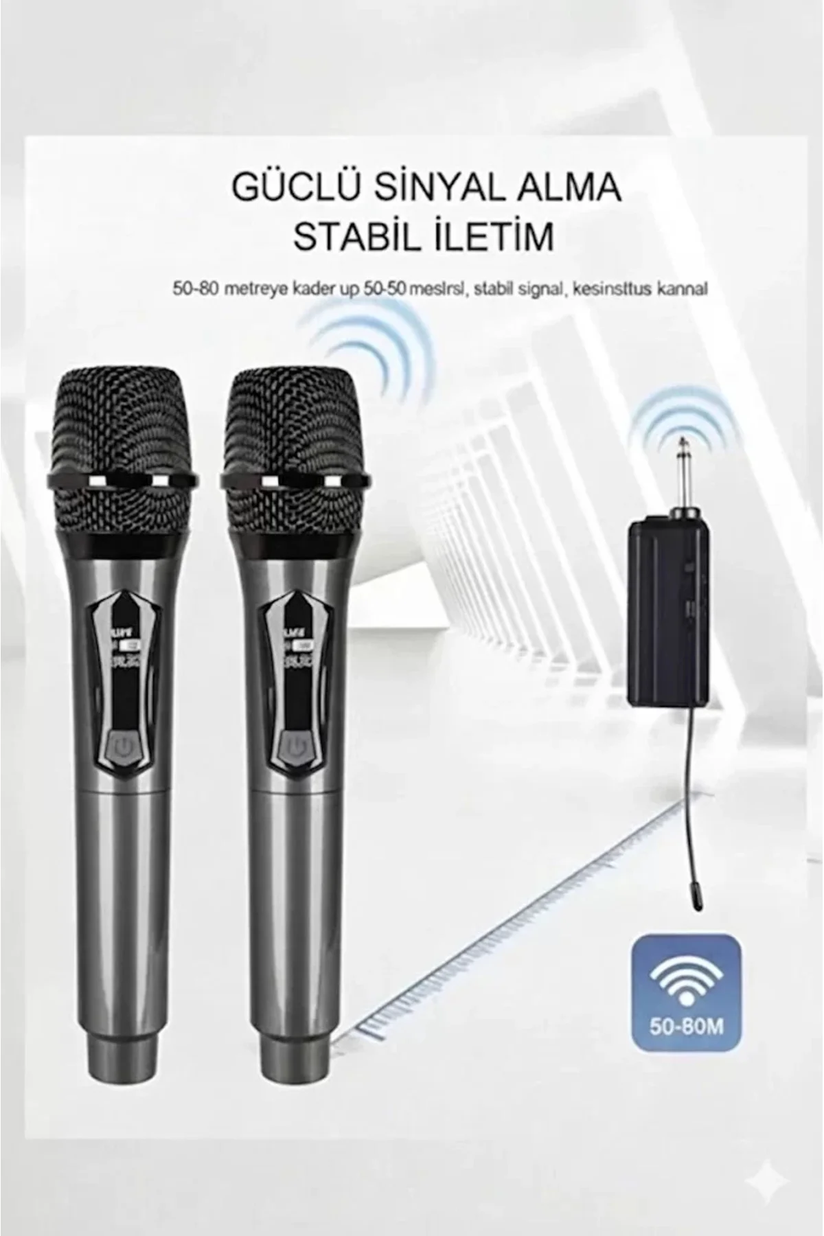 Profesyonel Çiftli Kablosuz Mikrofon Seti Karaoke Şarj Edilebilir