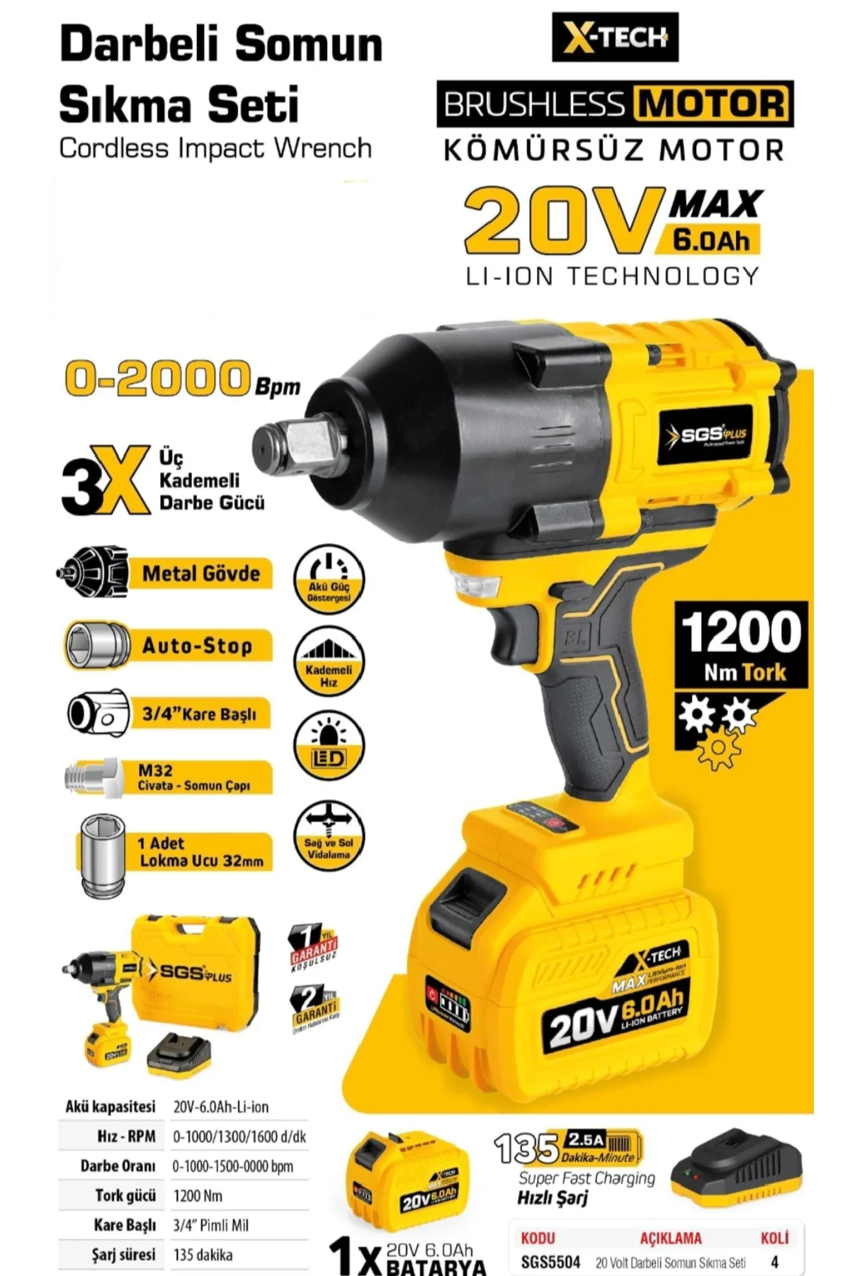 PROFESYONEL DARBELİ SOMUN SIKMA SETİ 1200 Nm Tork 3/4” 1*6.0 Ah (