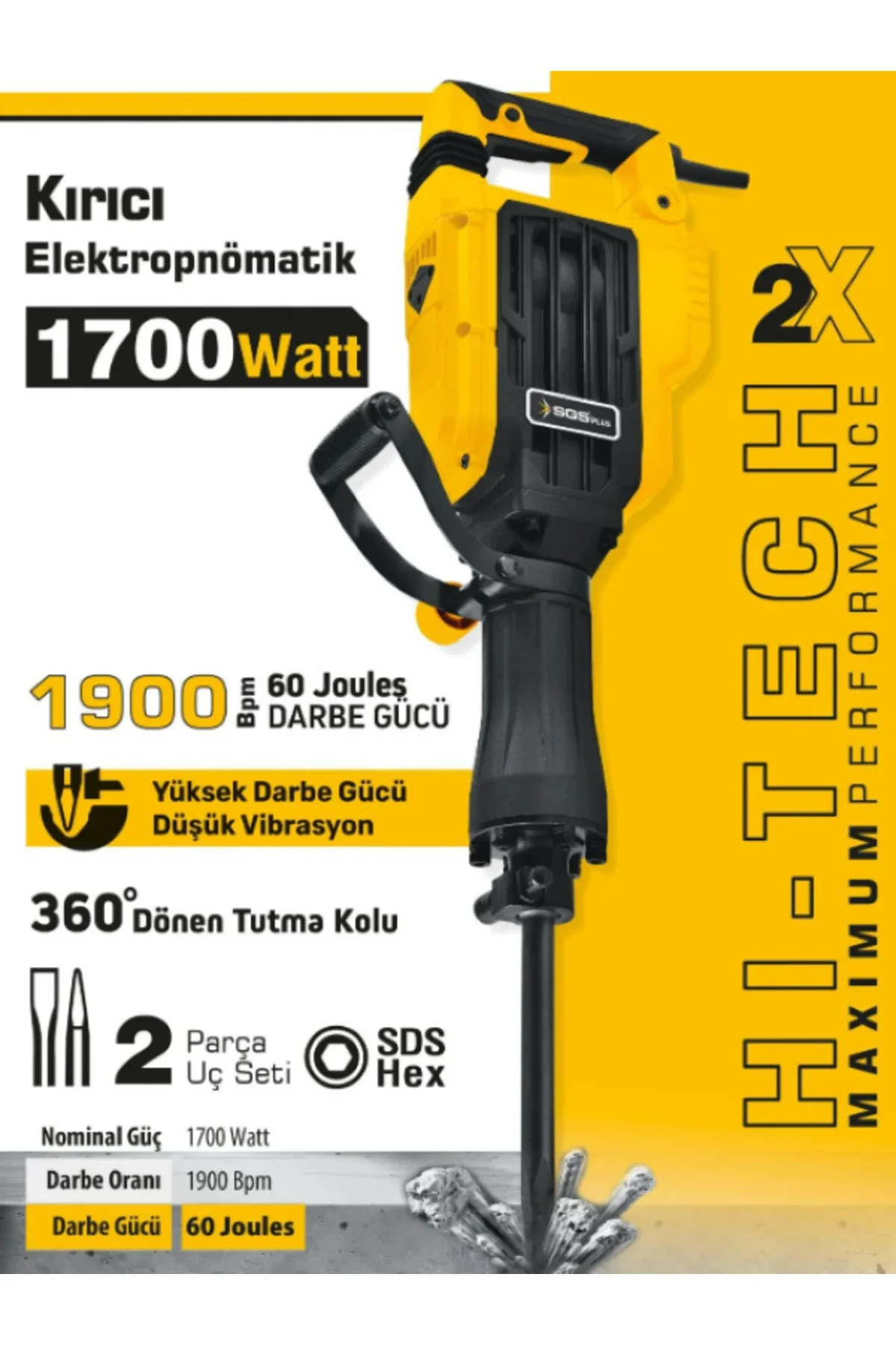 PROFESYONEL ELEKTROPNOMATİK KIRICI SDS HEX 1700 WATT 60 JOULES 16