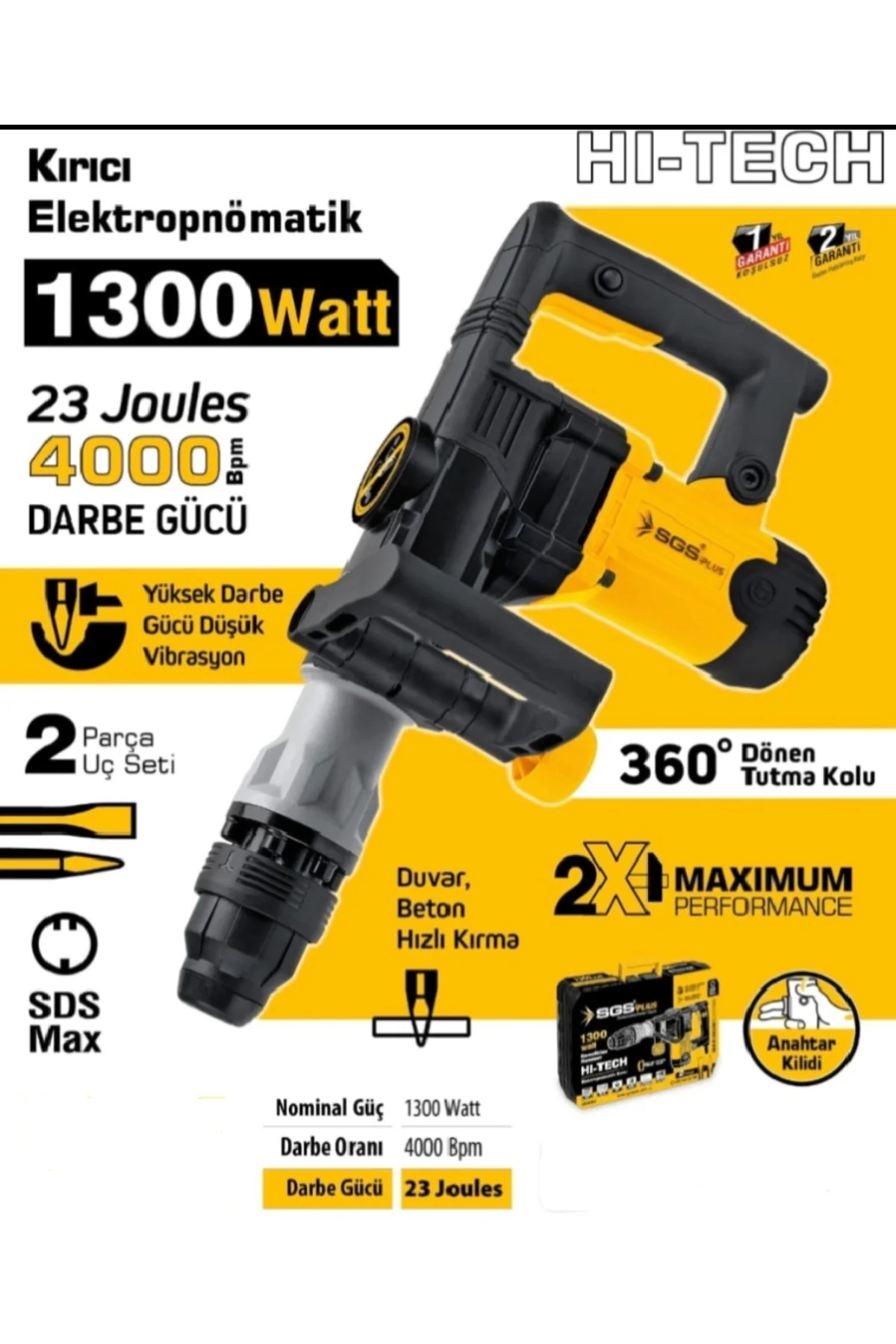 PROFESYONEL ELEKTROPNOMATİK KIRICI SDS MAX 1300 WATT 23 JOULES 7 