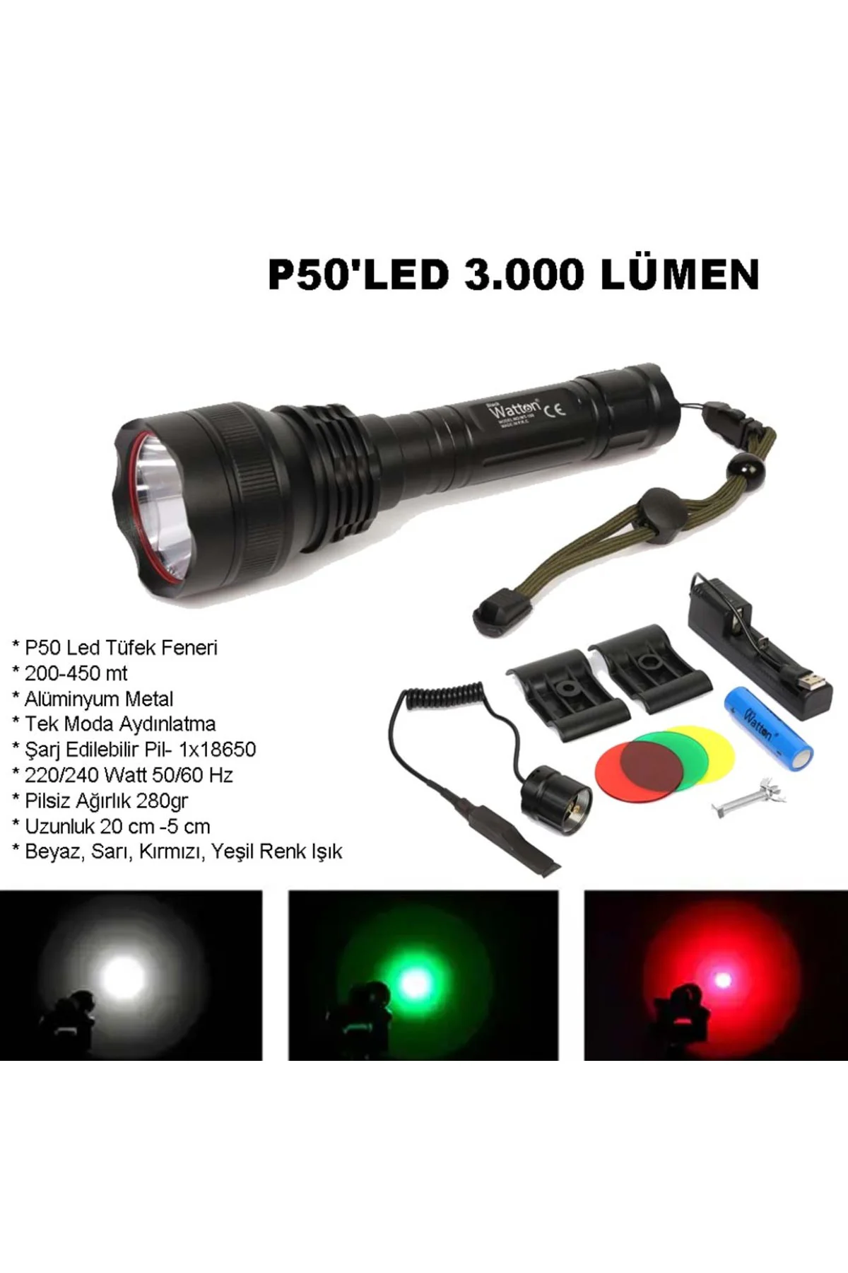 Profesyonel P50'Led 3.000 Lümen Şarjlı Av Feneri Watton Wt-150 Si