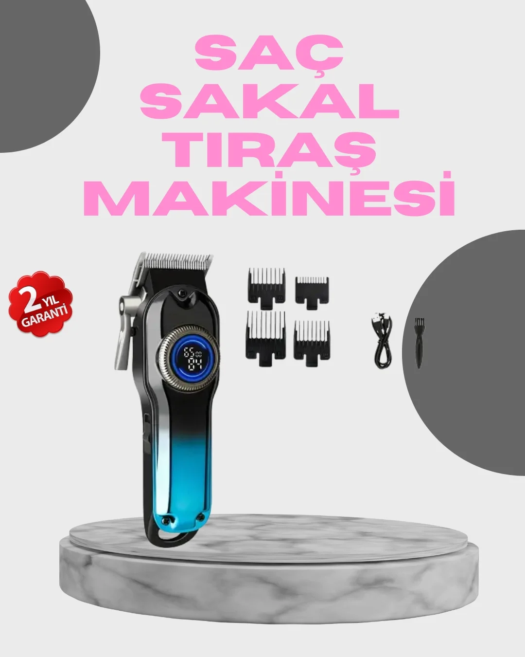 Profesyonel Saç Kesme Makinesi – 2000 mAh Şarjlı, LCD Ekranlı