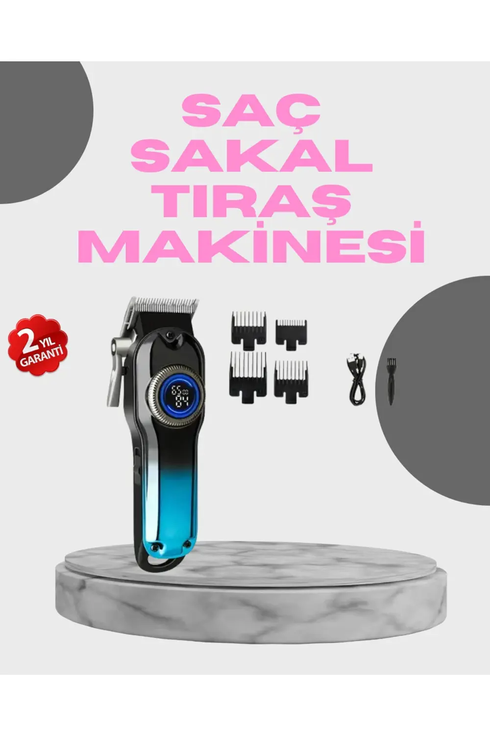 Profesyonel Saç Kesme Makinesi – 2000 mAh Şarjlı, LCD Ekranlı