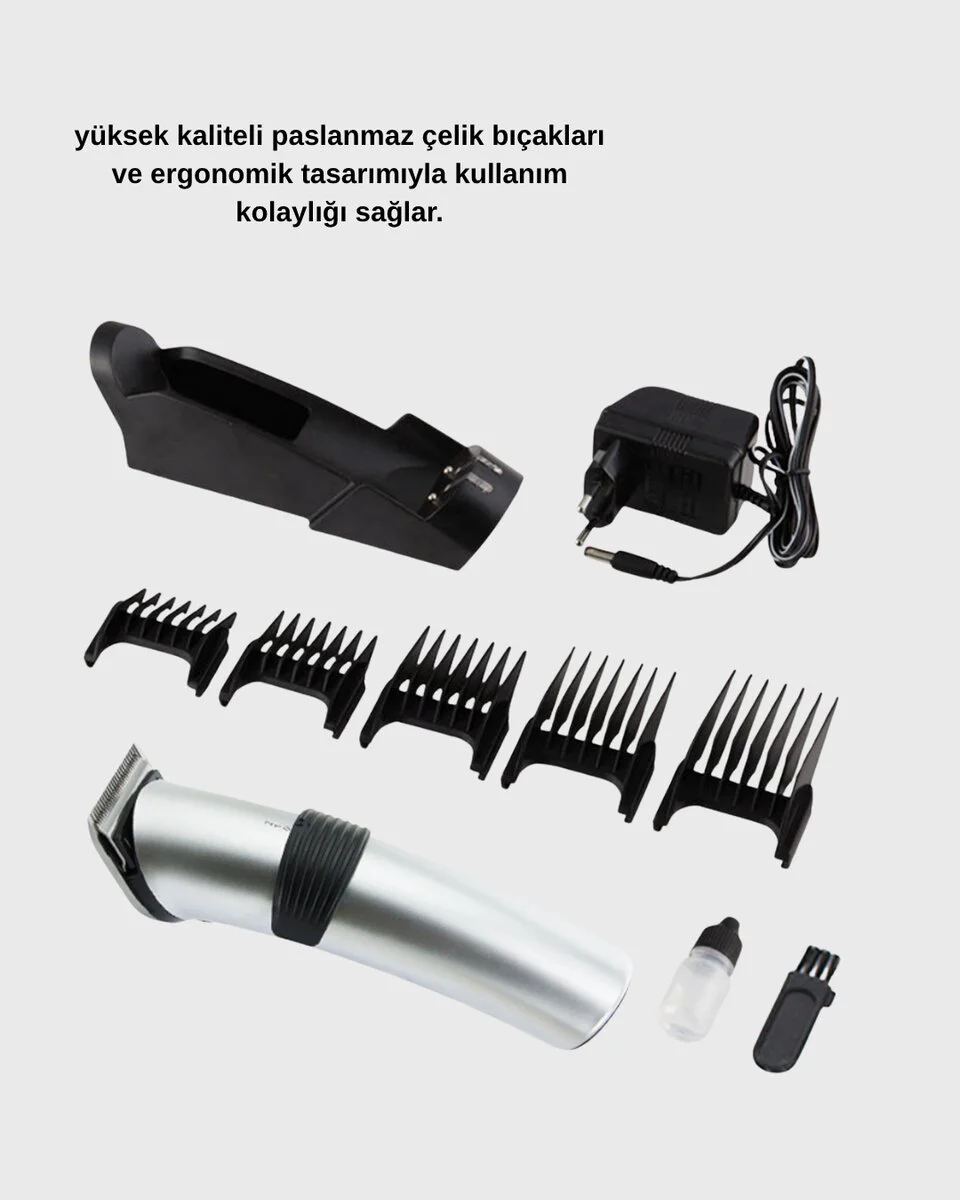 Profesyonel Şarjlı Saç ve Sakal Kesme Makinesi – Paslanmaz Çelik Bıçaklı Ergonomik ve Sessiz Motorlu