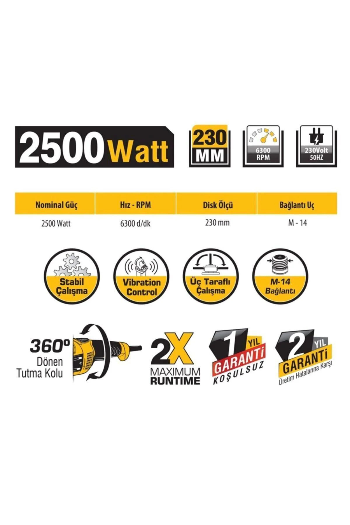 Profesyonel Taşlama Makinesi 2500 Watt 230Mm