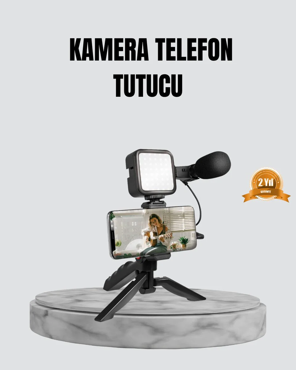 Profesyonel Telefon Video Çekim Kiti LED Aydınlatma Mikrofon Tripodlu Tam Set