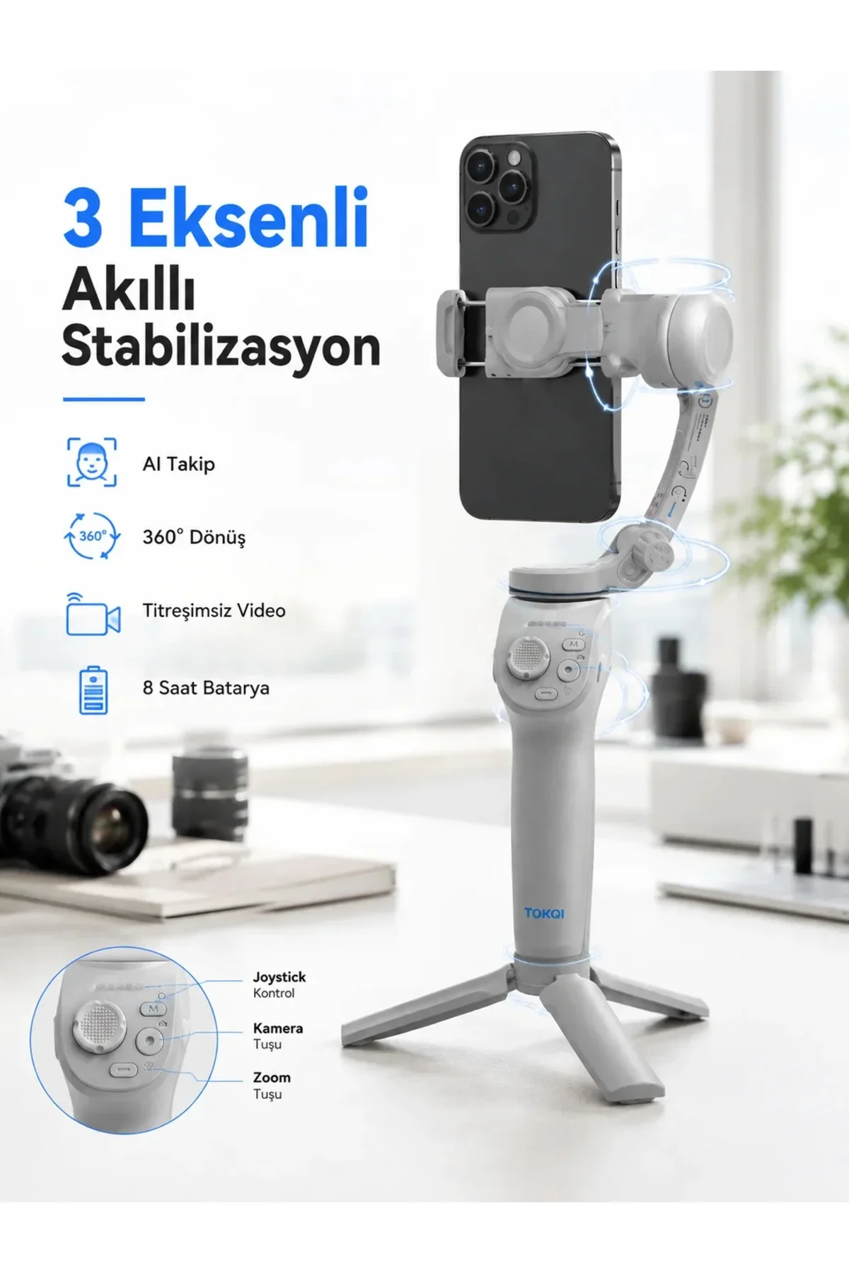 Profesyonel Telefon Gimbal Stabilizer 3 Eksen Sabitleme Çoklu Çekim Modları Uzun Pil Ömürlü Taşınabi