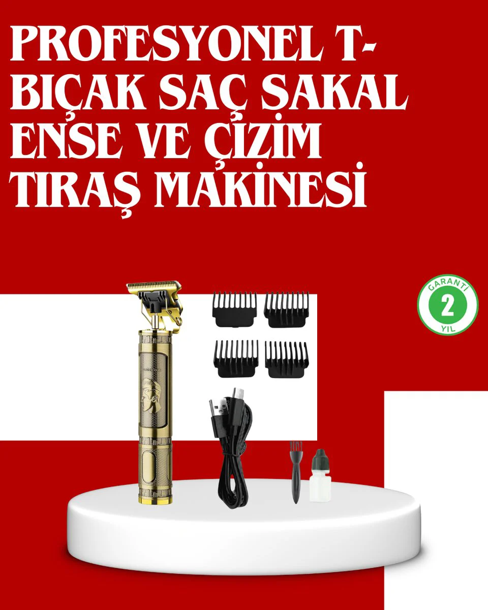 Profesyonel Tıraş Makinesi - Islak ve Kuru Kullanım, 0.1mm T-Bıçak, Su Geçirmez ve Turbo Motor