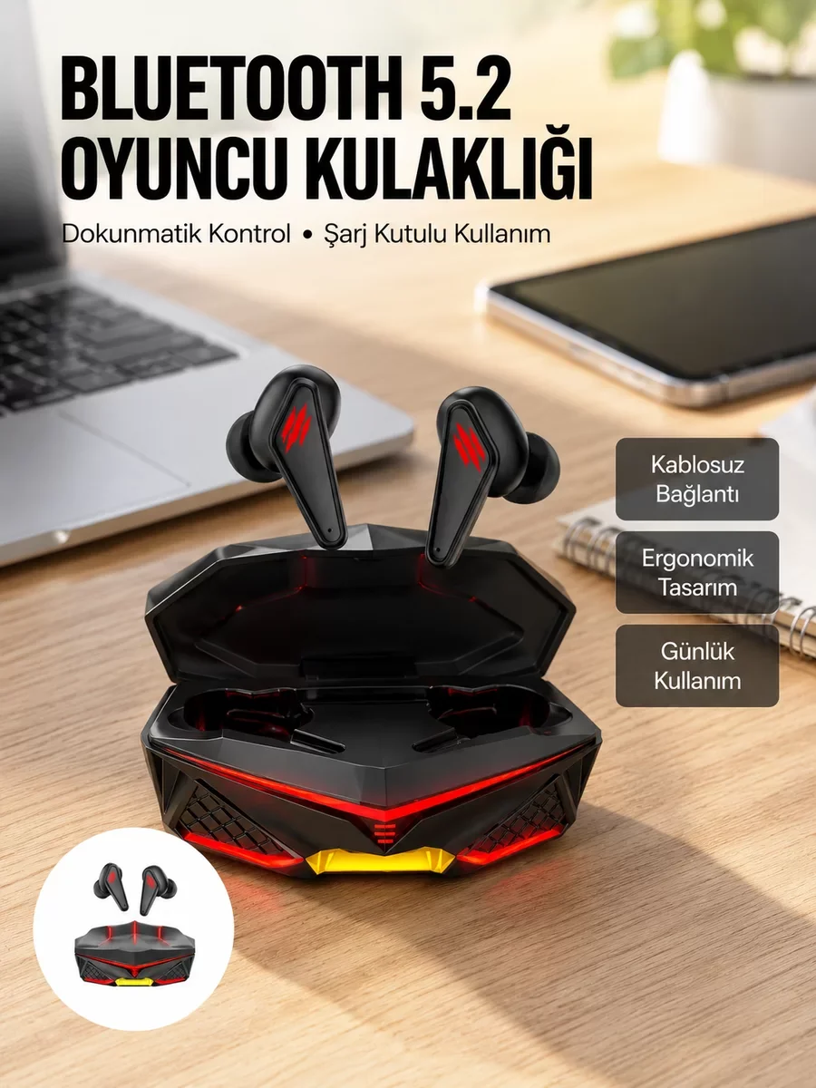 Profesyonel TWS Işıklı Kablosuz Bluetooth Oyuncu Kulaklığı Yeni Nesil
