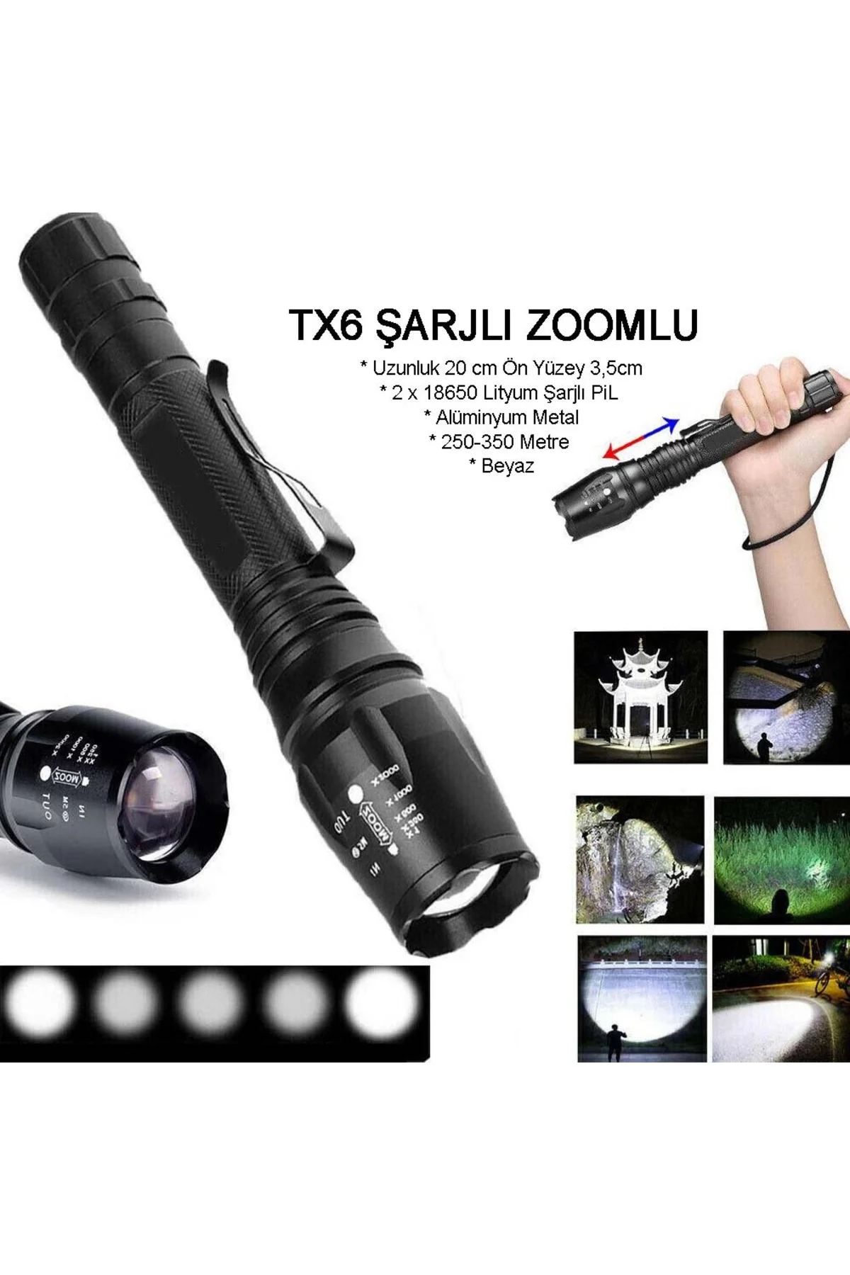 Profesyonel Tx6 Şarjlı Zoomlu El Feneri Watton Wt-241 Siyah