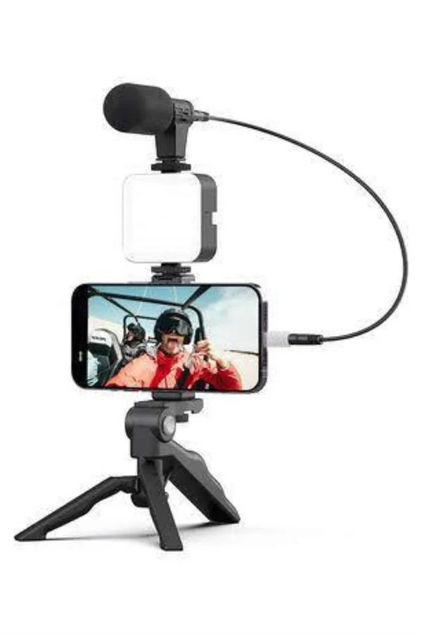 Profesyonel Video Making Kit Telefon Tutucu Vlog ve Mini LED Işıklı Mikrofon Seti