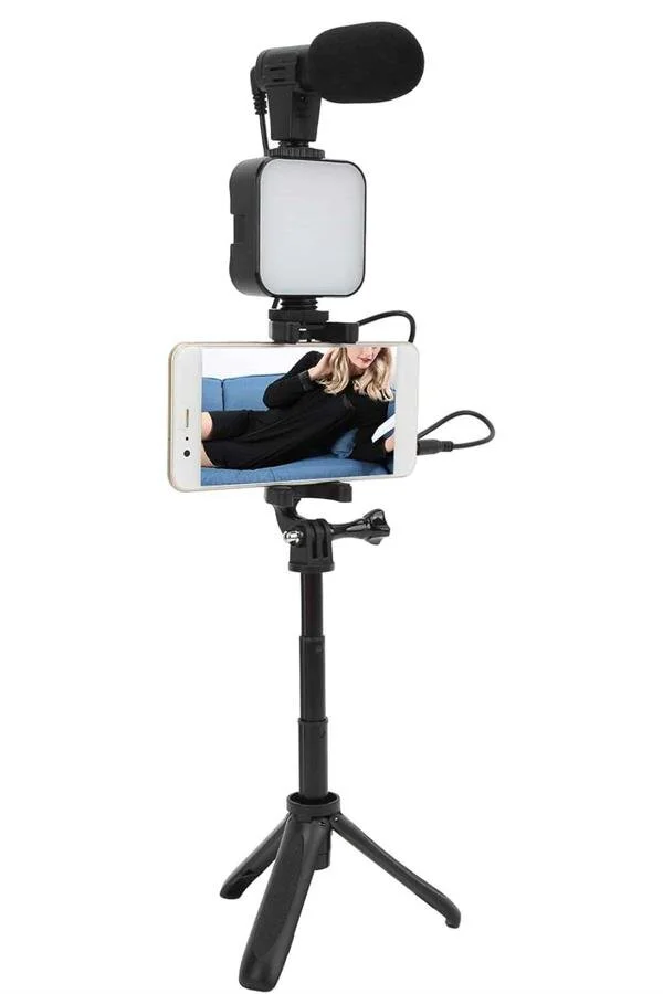 Profesyonel Video Making Kit Telefon Tutucu Vlog ve Mini LED Işıklı Mikrofon Seti