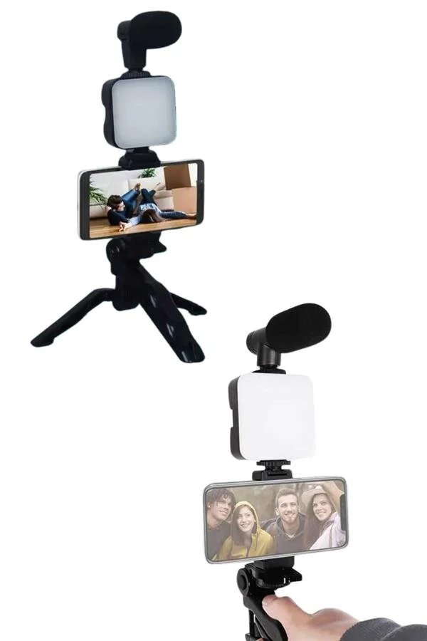 Profesyonel Video Making Kit Telefon Tutucu Vlog ve Mini LED Işıklı Mikrofon Seti