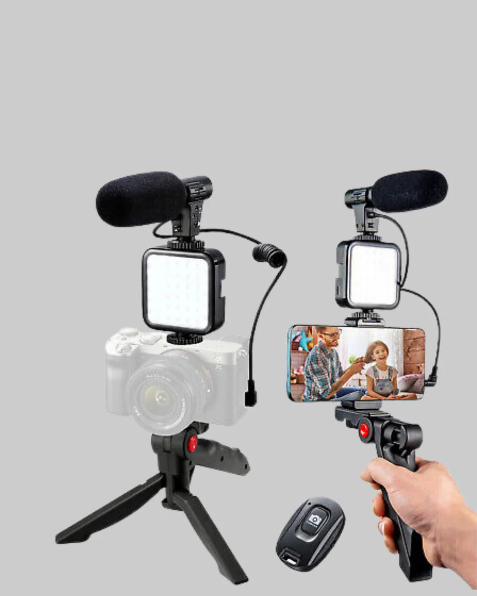 Profesyonel Vlog Çekim Kiti LED Işıklı Tripod Mikrofonlu Telefon Seti