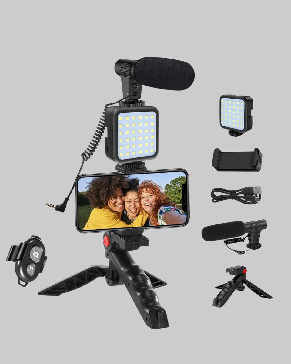 Profesyonel Vlog Çekim Kiti LED Işıklı Tripod Mikrofonlu Telefon Seti