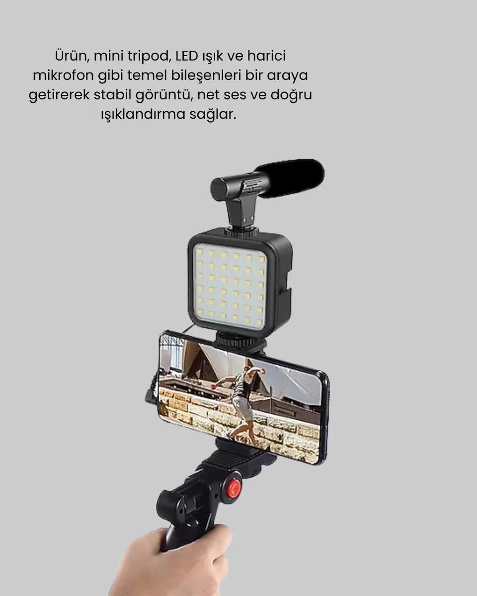 Profesyonel Vlog Çekim Kiti: LED Işıklı Tripod, Mikrofon ve Bluetooth Kumandalı Telefon Seti