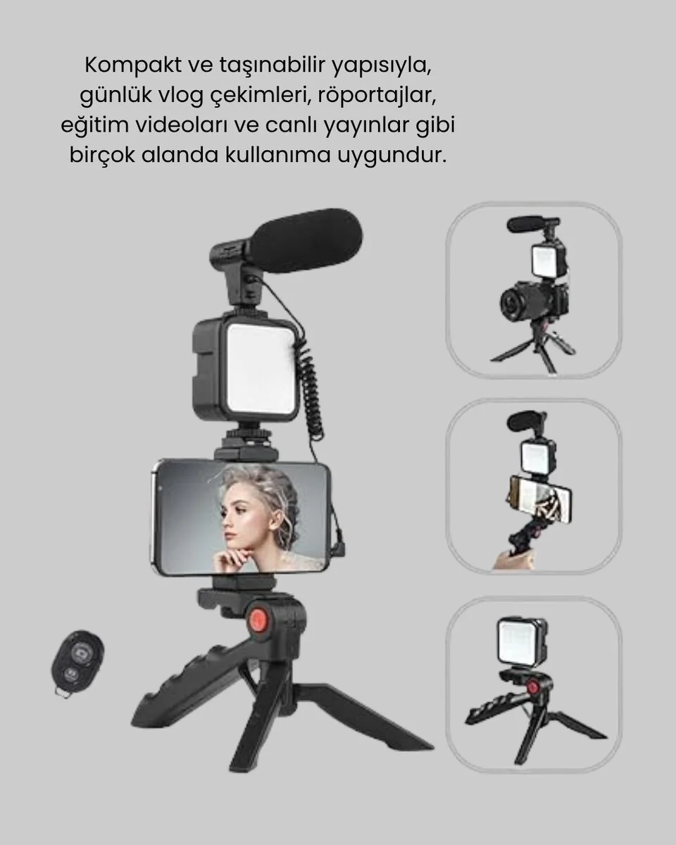 Profesyonel Vlog Çekim Kiti: LED Işıklı Tripod, Mikrofon ve Bluetooth Kumandalı Telefon Seti