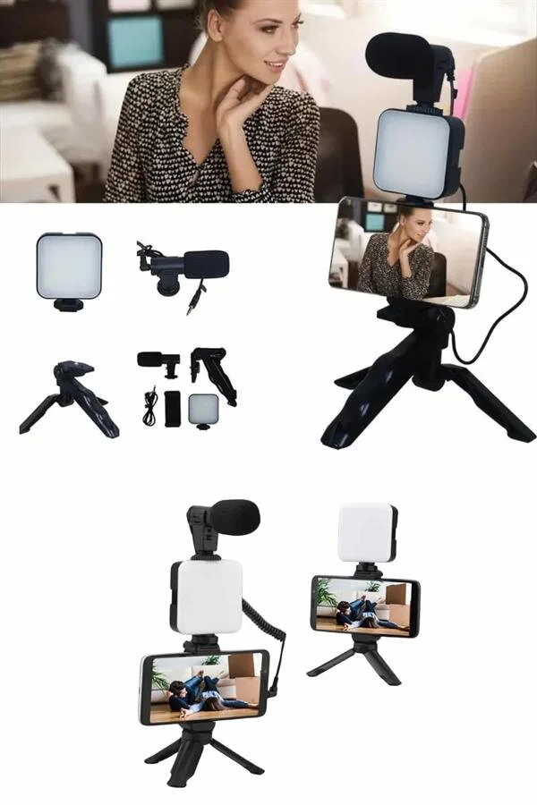 Profesyonel Youtuber Video Kayıt Seti - Mikrofonlu Işıklı Telefon Tutucu ve Mini Tripod