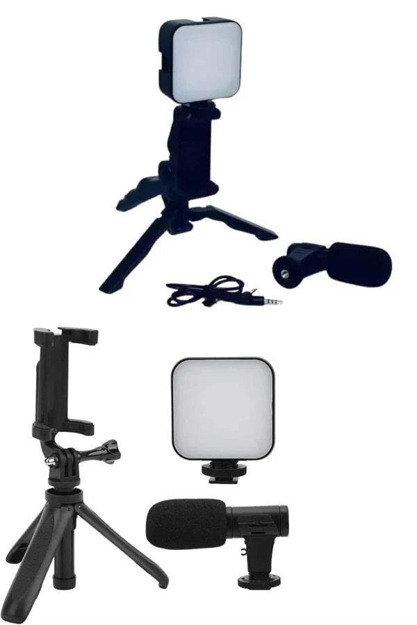 Profesyonel Youtuber Video Kayıt Seti - Mikrofonlu Işıklı Telefon Tutucu ve Mini Tripod