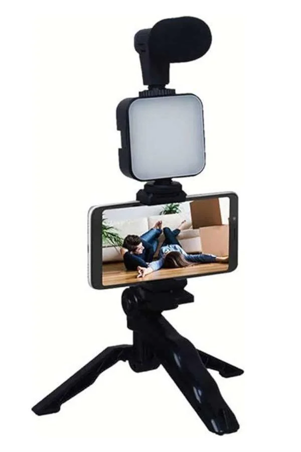 Profesyonel Youtuber Video Kayıt Seti - Mikrofonlu Işıklı Telefon Tutucu ve Mini Tripod