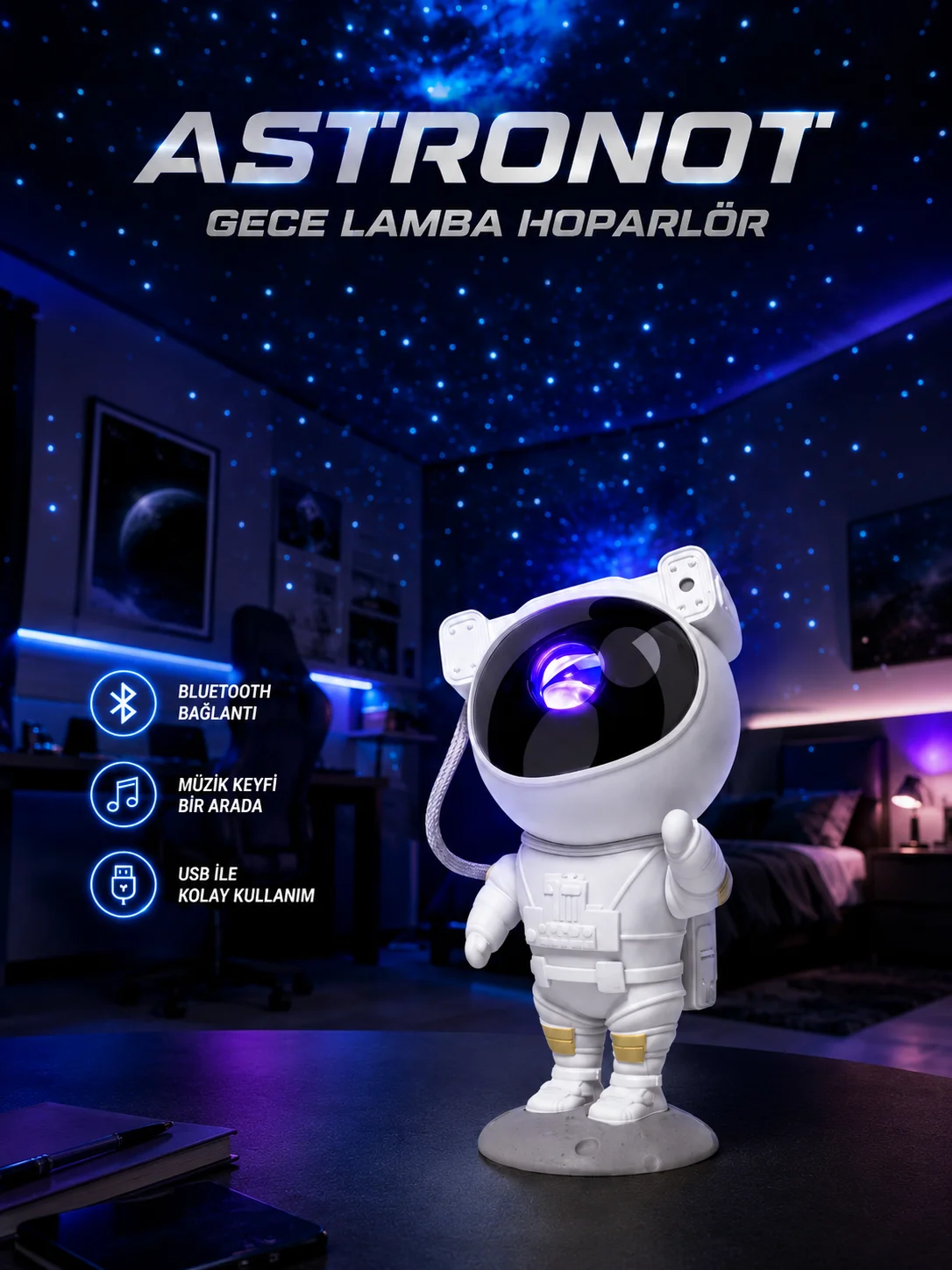 Projeksiyon Astronot Lamba Speaker Sevimli Astronot Bluetooth Hoparlör Yeni Nesil