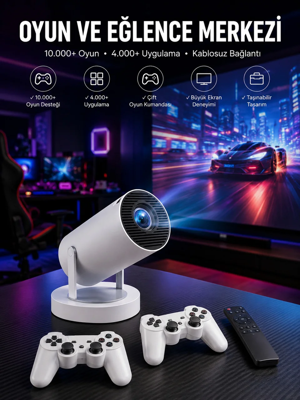 Projeksiyon Cihazı Video Oyun Konsolu Projektör Taşınabilir Ayaklı Çift Kollu 4k Çözünürlüklü - Lisinya